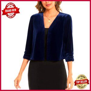 Velvet Cropped Cardigan Shrug 3/4 Sleeve Open Front Cocktail Party Top